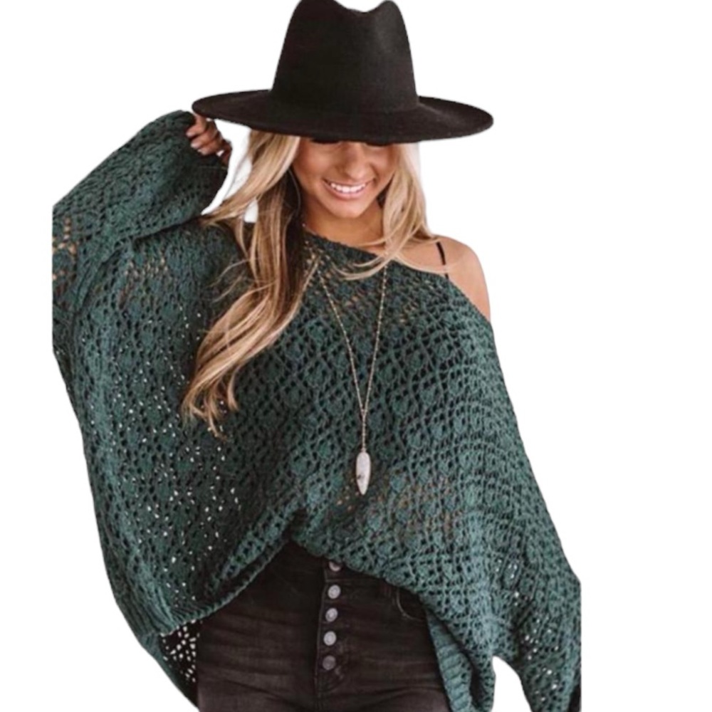 Emerald Boat Neck Open Cable Knit Chenille Sweater NWT - (#0146)